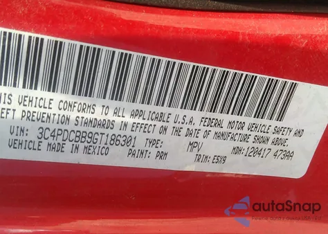 2016 Dodge Journey Sxt from USA, damaged, VIN 3C4PDCBB9GT186301